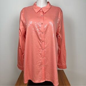 Berek Tangerine Orange Long Sleeve Sequin Button Down Shirt